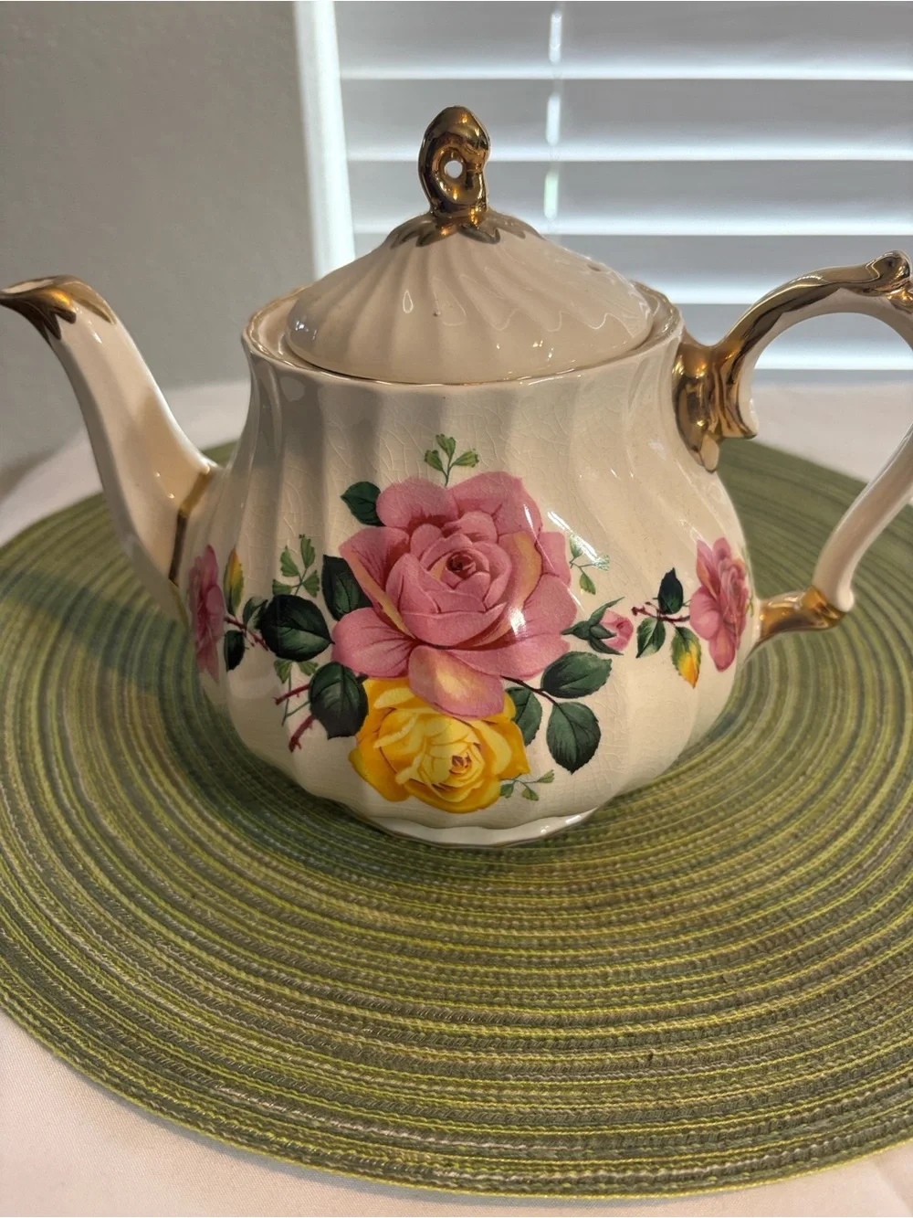 Floral Porcelain Teapot with Pink & Yellow Roses. Sadler England